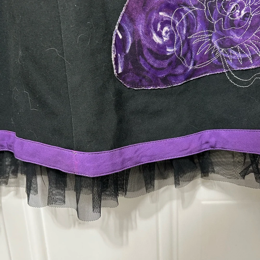 Black A-Line Skirt with Purple Rose Embroidery - Picture 3 of 8